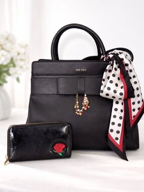 Nine West Black Large Structured Tote NWT Work Office Bag+Free Wallet